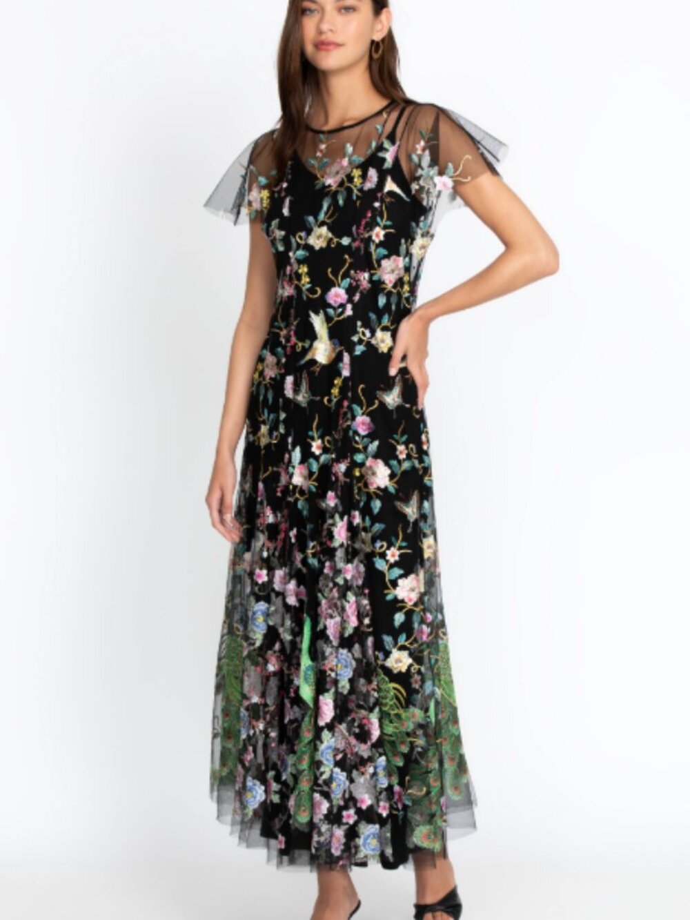 ✨ Johnny Was "Peacock" Embroidered Black Mesh Maxi Dress Size S✨